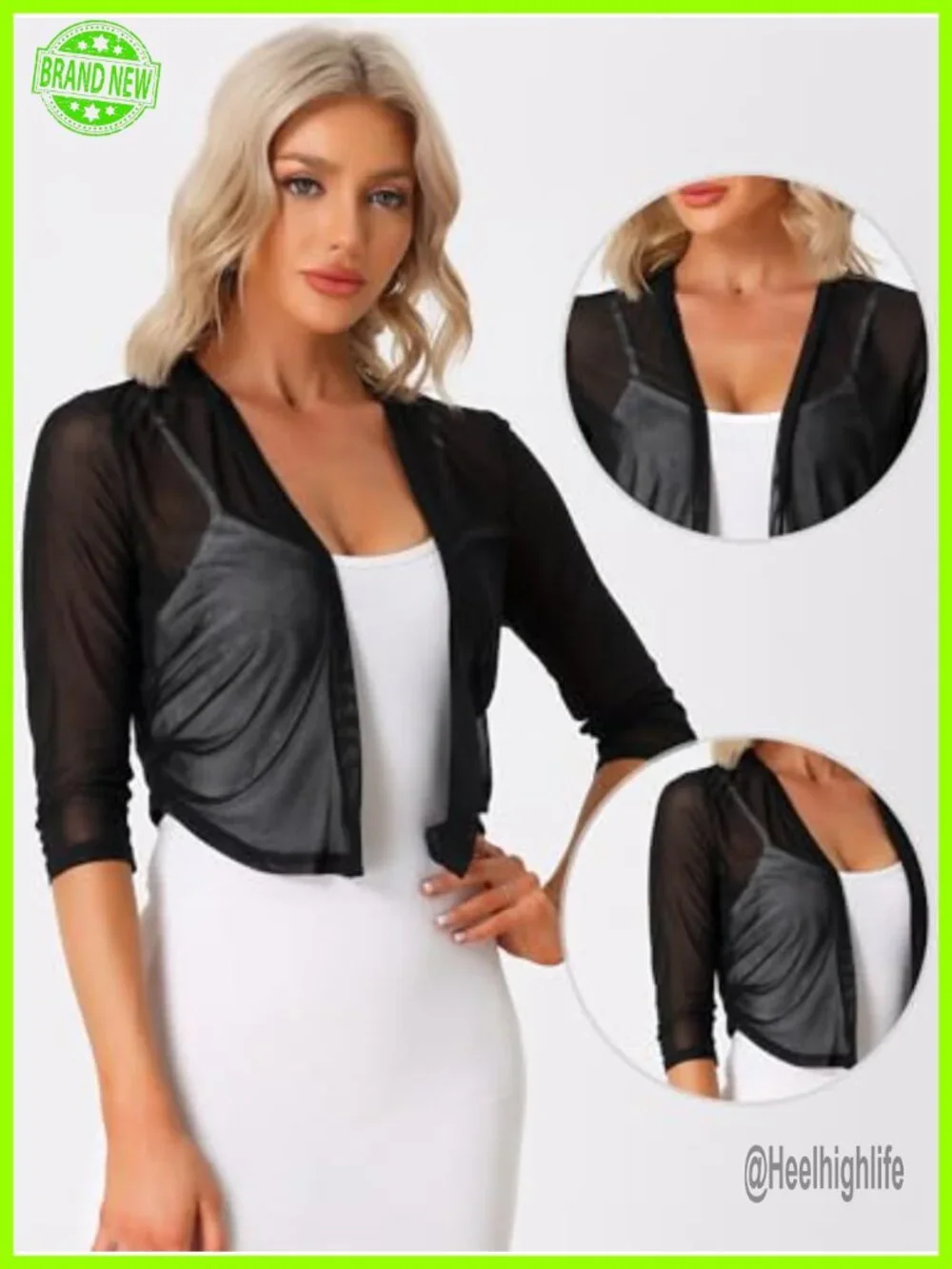 Elegant Bolero Shrug 3/4 Sleeve Mesh Sheer Cardigan Formal Jacket